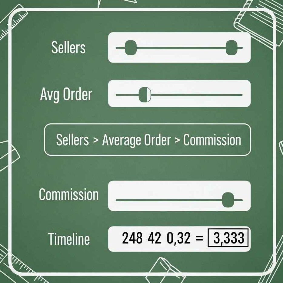 Fundraising calculator showing sellers × average order × commission = $3,333.