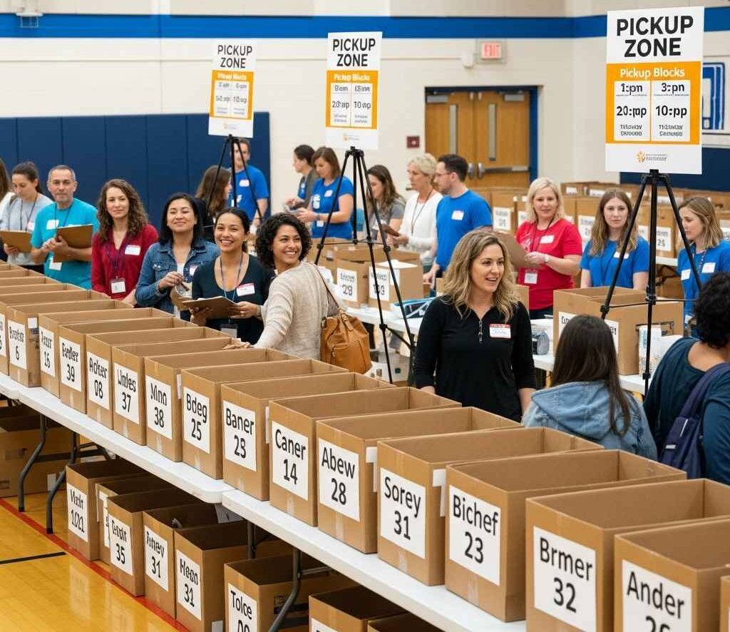 School gym pickup with labeled boxes by homeroom and volunteers assisting families.