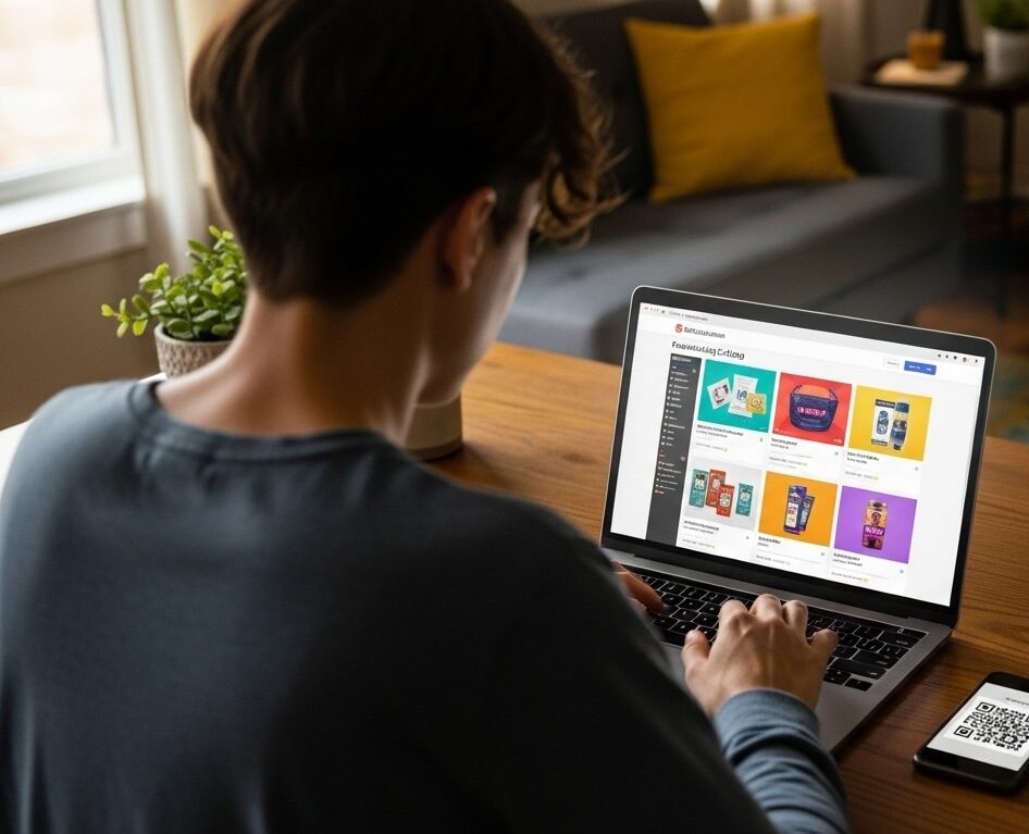 Church member placing an online fundraising catalog order from home
