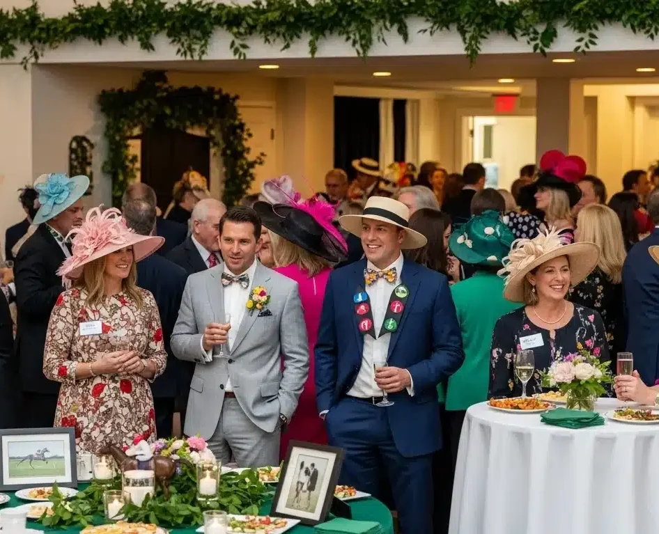 Derby Day themed fundraising gala with guests wearing hats and bowties
