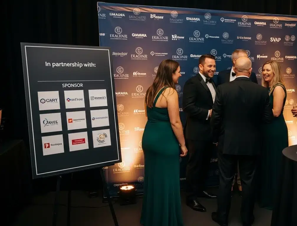 Sponsor activation and branding area at a fundraising gala event