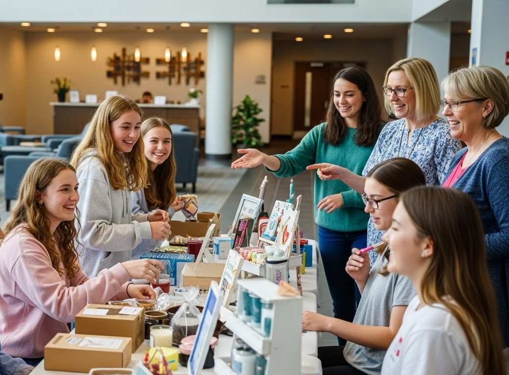 Church youth group selling fundraising items with adult supervision