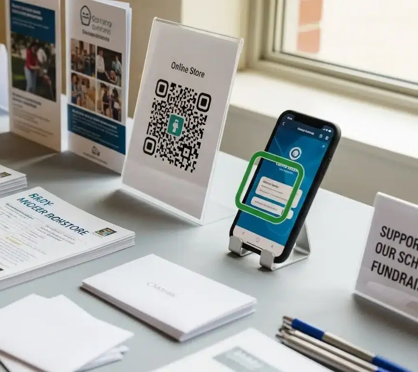 Paper fundraising brochures alongside an online catalog accessed by smartphone