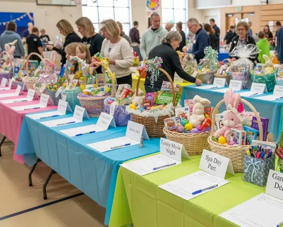 Easter-themed basket raffle at a school or community fundraiser