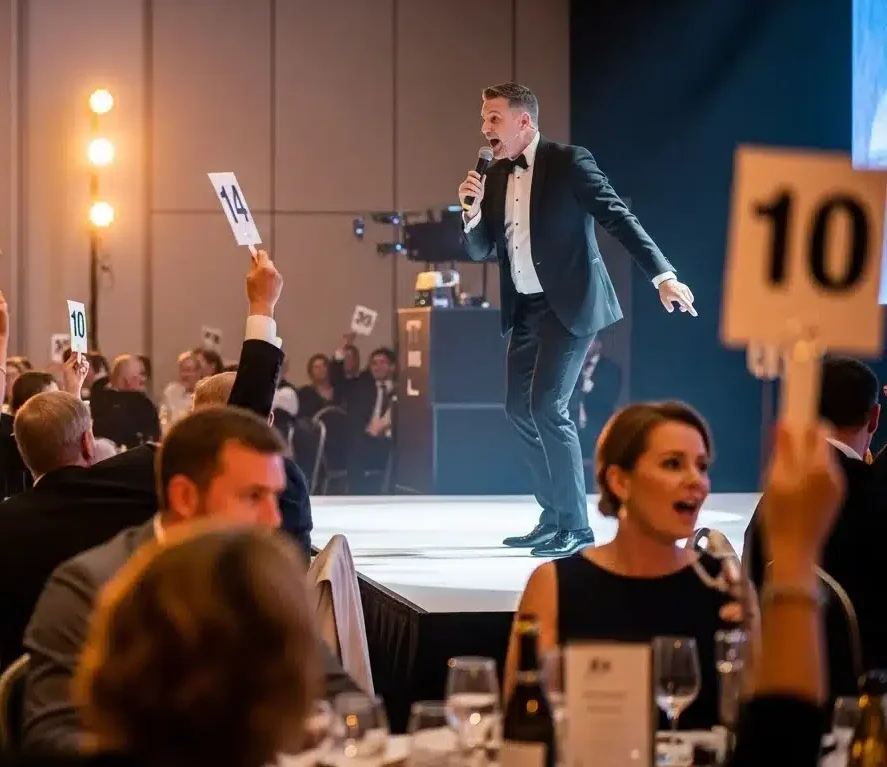 Live auction and paddle raise moment during a fundraising gala