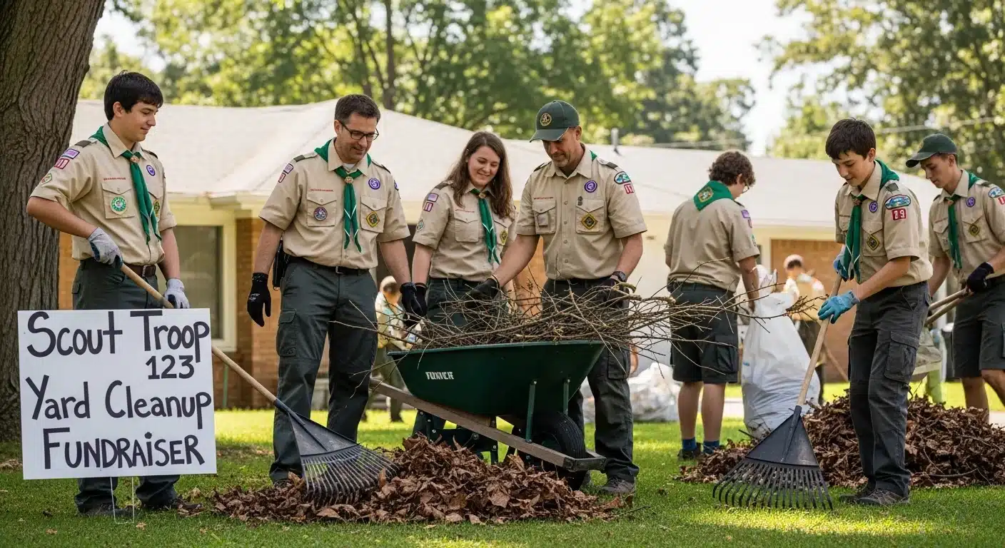 Scouts and adult leaders running a service-based fundraising activity outdoors