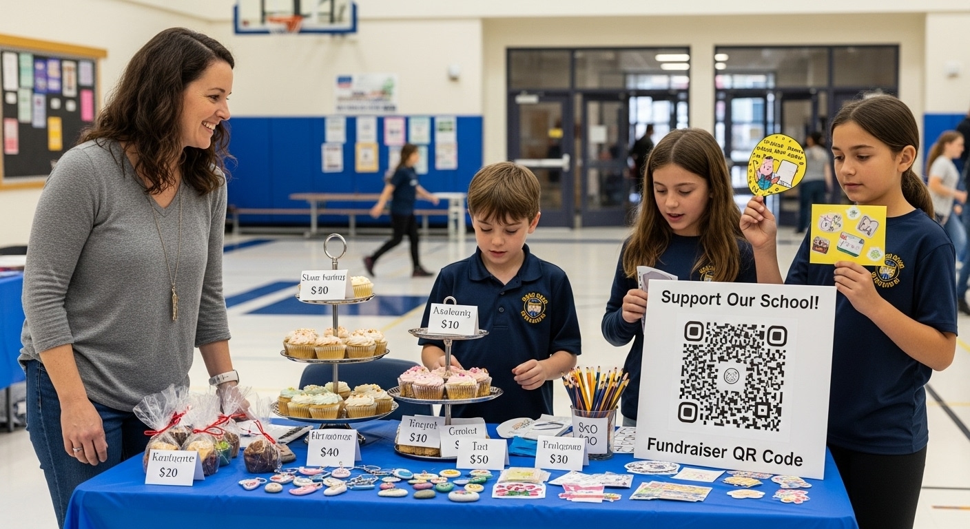 Small volunteer-run school fundraising table with students and a parent helper