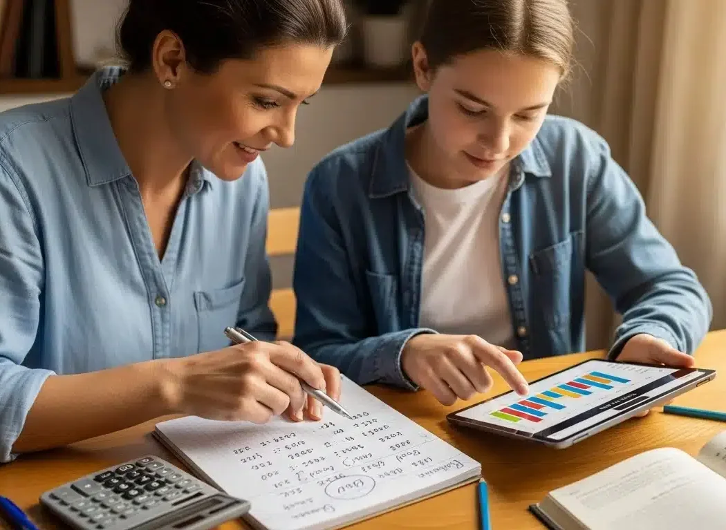 Parent and student calculating fundraising goals and profits together