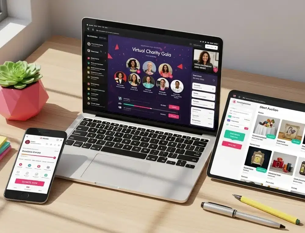 Online fundraising ideas displayed across laptop, tablet, and smartphone