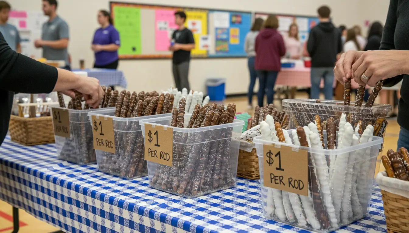 Pretzel rods displayed on a fundraising table for school and youth group sales