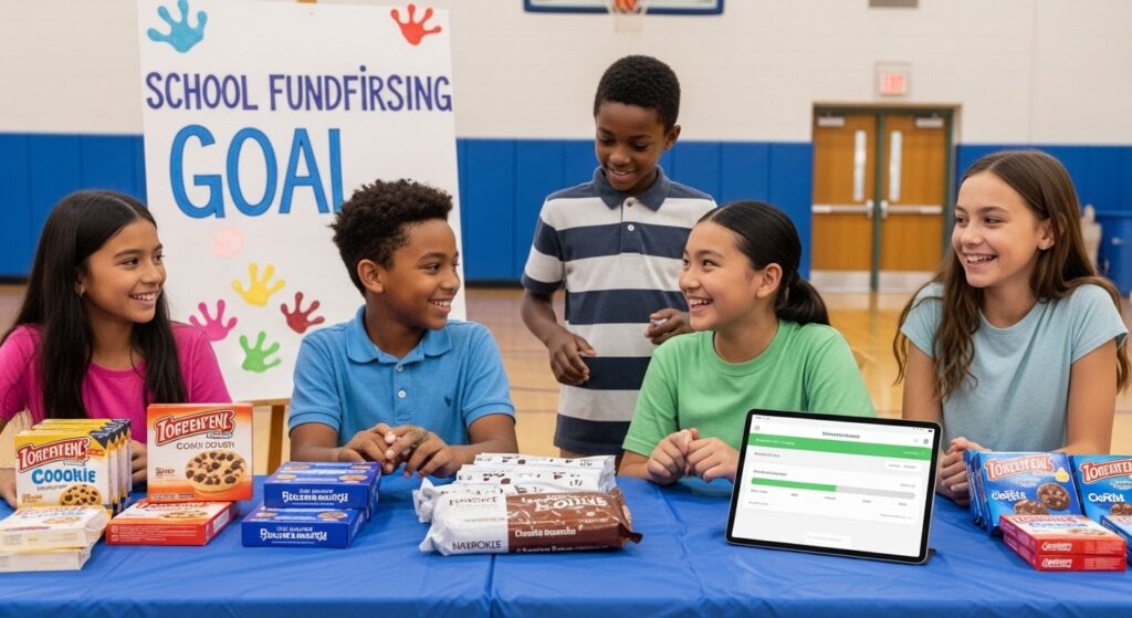 Students running organized school fundraiser with products and digital progress dashboard in gym.