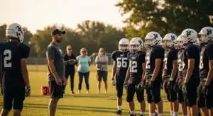 Organized football team practice with coach and parents watching calmly without stress