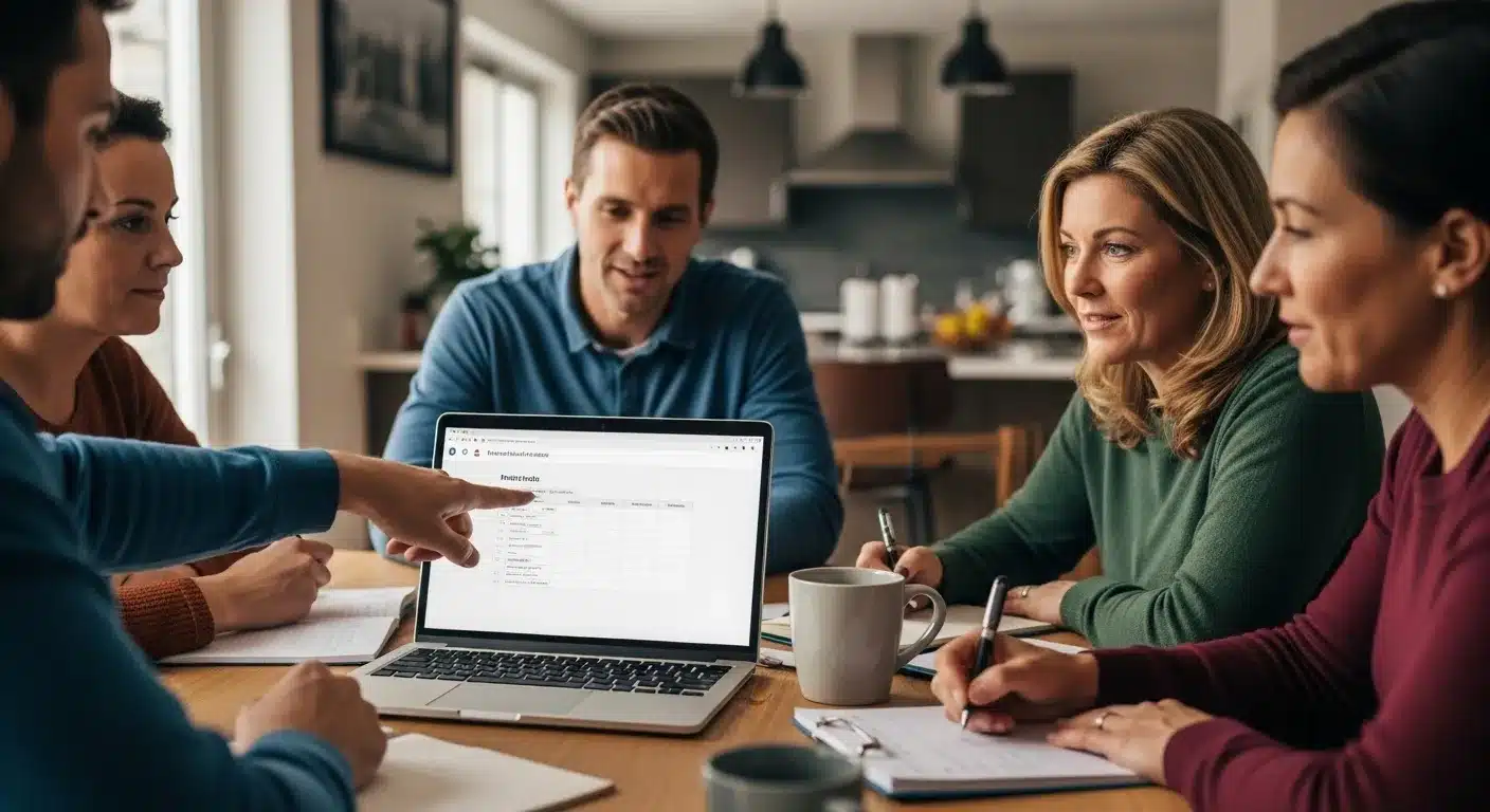 Parents and coach planning soccer fundraiser schedule at home