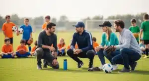 Youth sports coach and parents organizing fundraiser on field