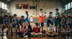 Youth basketball team preparing in gym with equipment and coach reviewing notes