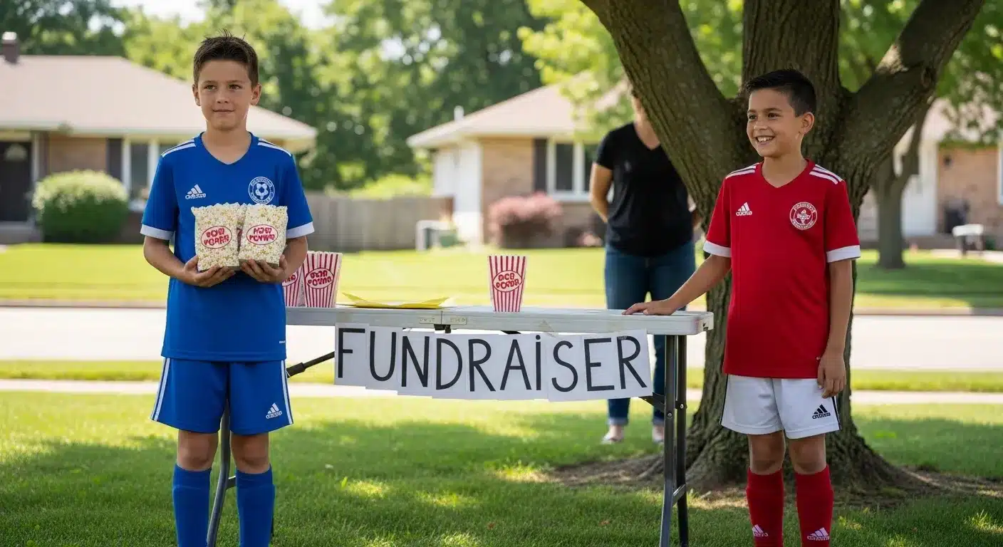 Kids selling popcorn as part of a soccer fundraiser
