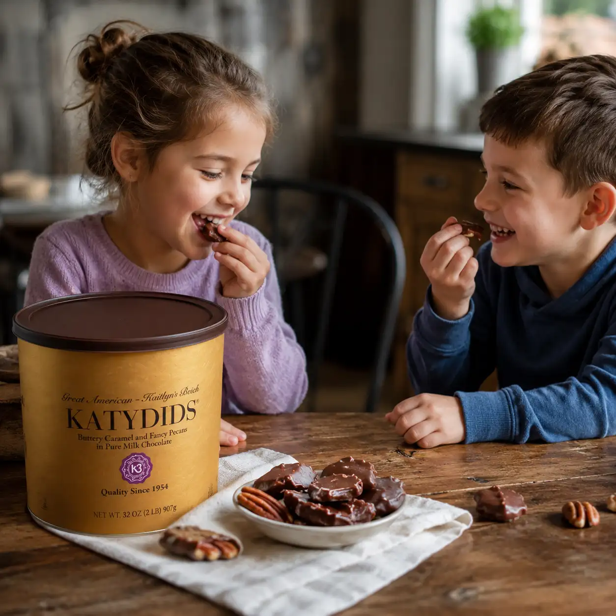 Children enjoying Katydids Candy from a tin, buttery caramel and pecans in milk chocolate, a nostalgic fundraising treat.