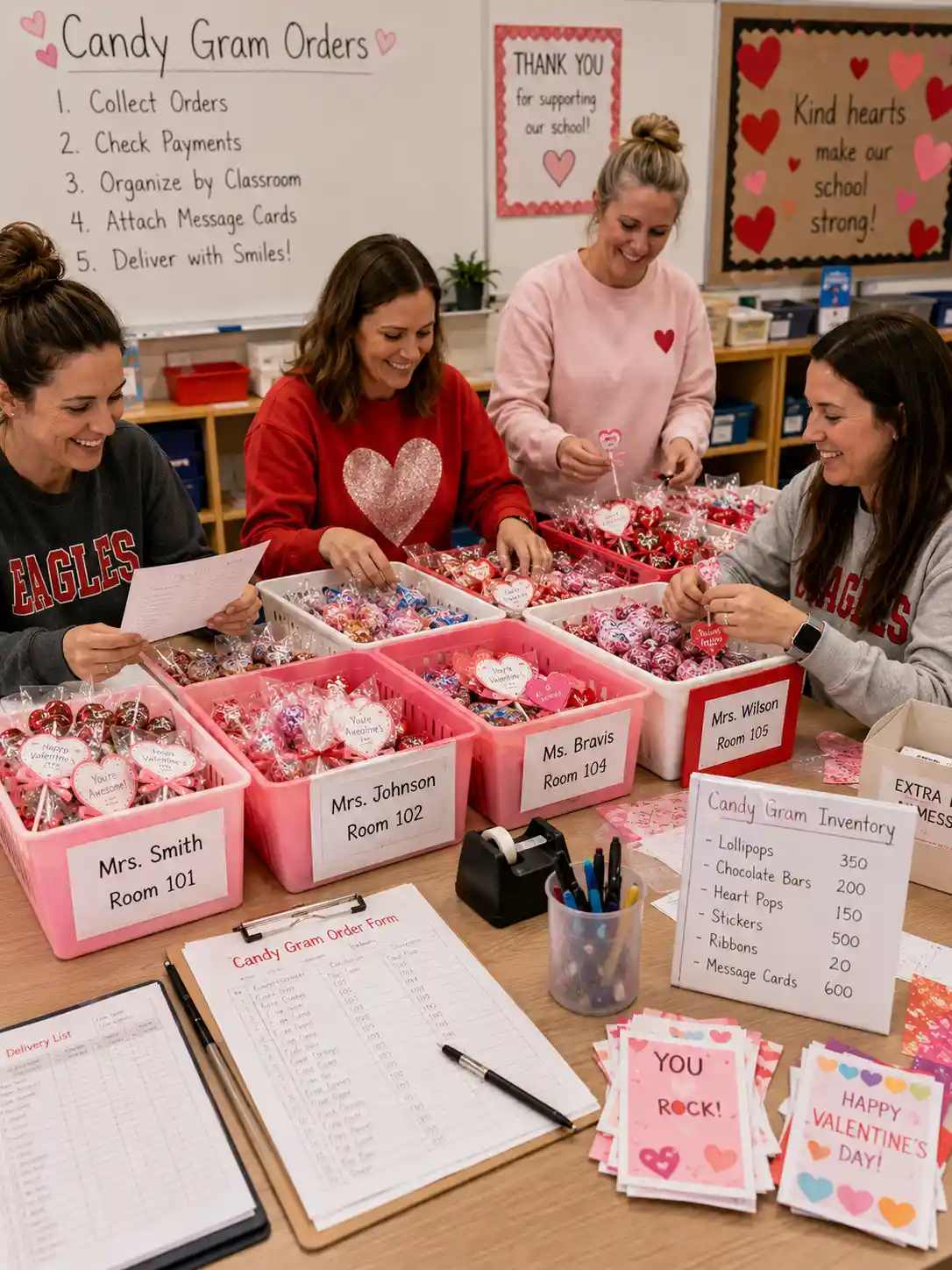 Volunteers organizing candy gram orders with labeled bins, spreadsheets, and order forms.