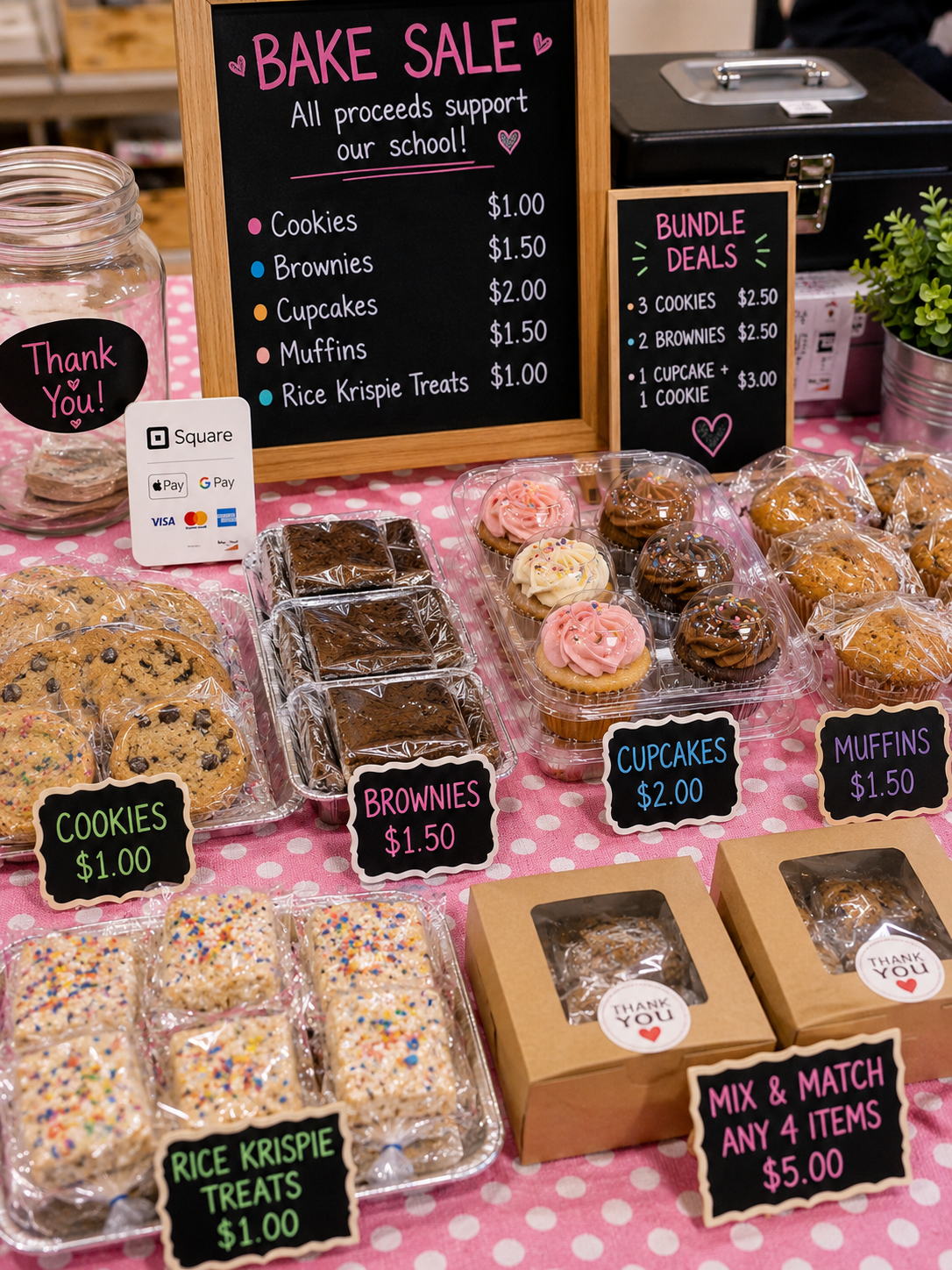 Bake sale table with clear pricing signs for cookies, brownies, cupcakes, and bundle deals.