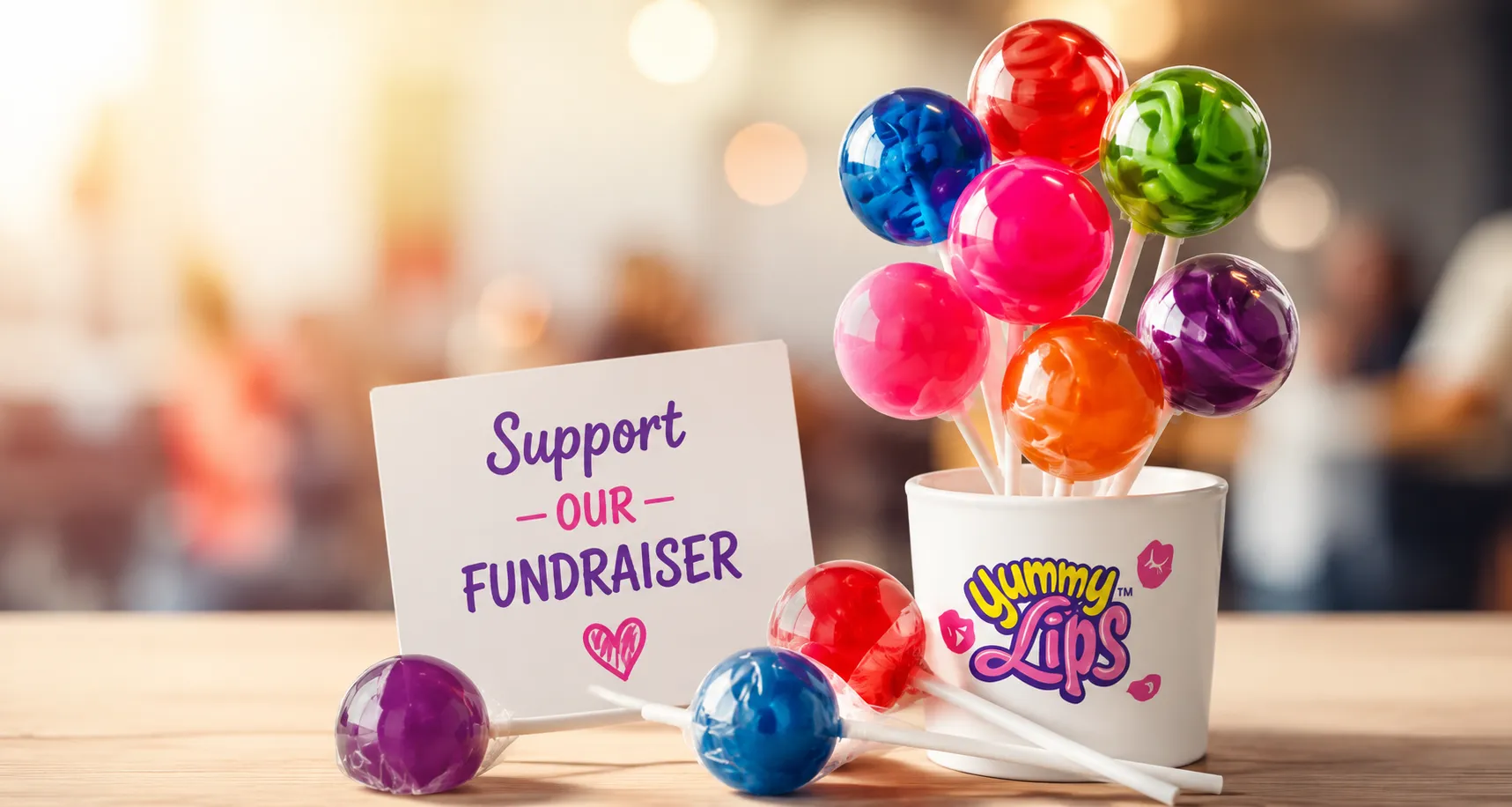 Colorful lollipops and "Support Our Fundraiser" sign for school fundraising ideas.