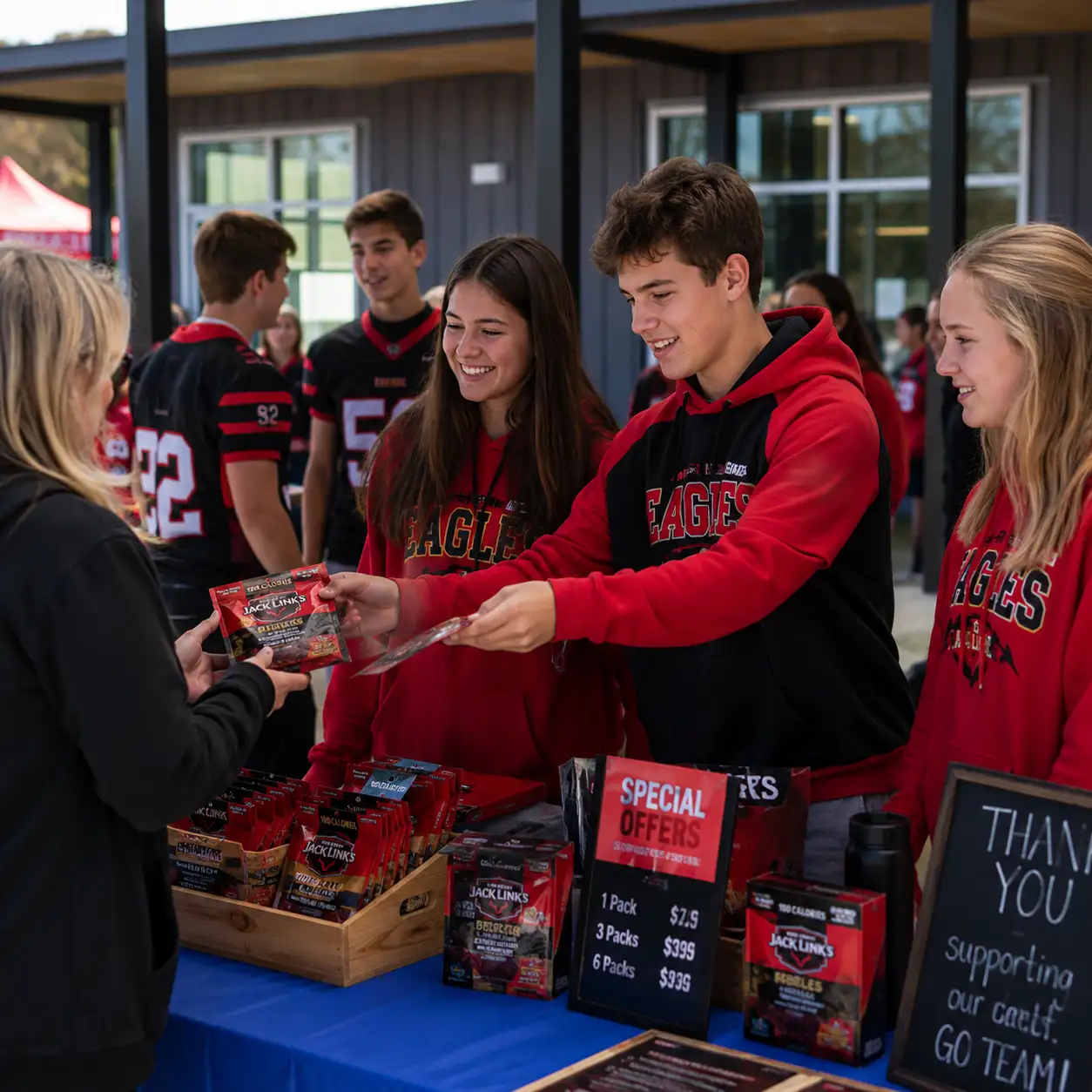 Students selling Jack Links beef jerky fundraiser products at a school event.