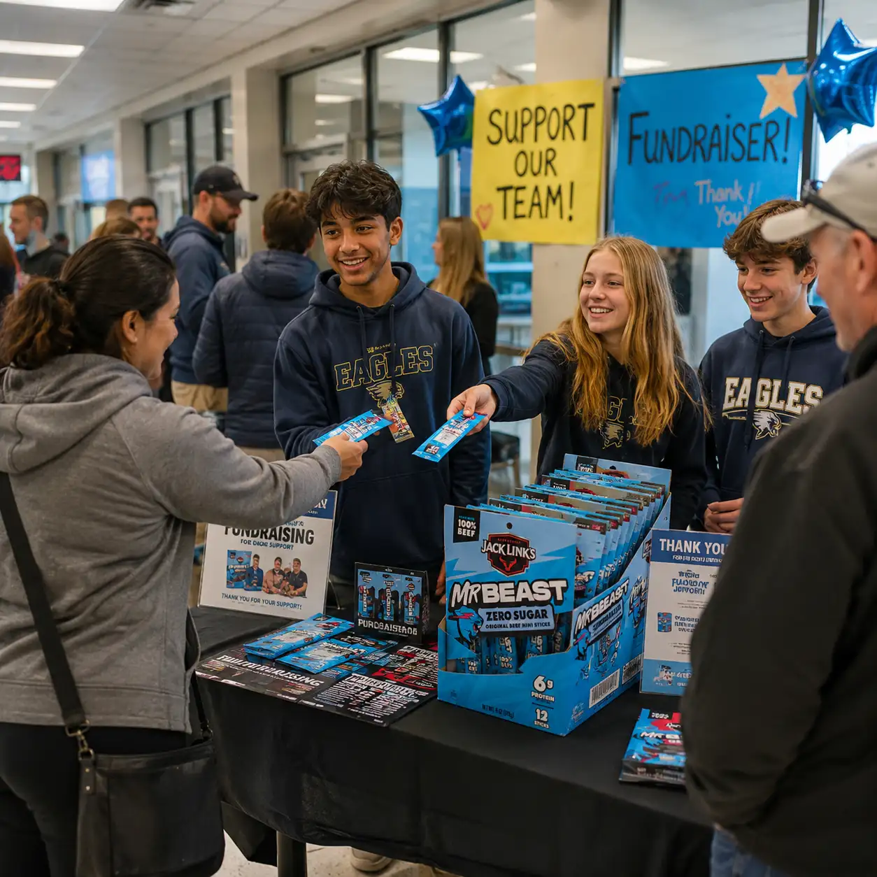 Students selling Jack Links beef jerky fundraiser supporting their team.