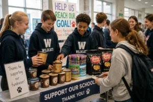 School fundraising event with students selling popcorn and pencils.