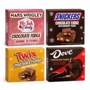 Four chocolate fudge candy boxes arranged on a clean white background, featuring Mars Wrigley, Snickers, Twix, and Dove inspired packaging in a premium product display.