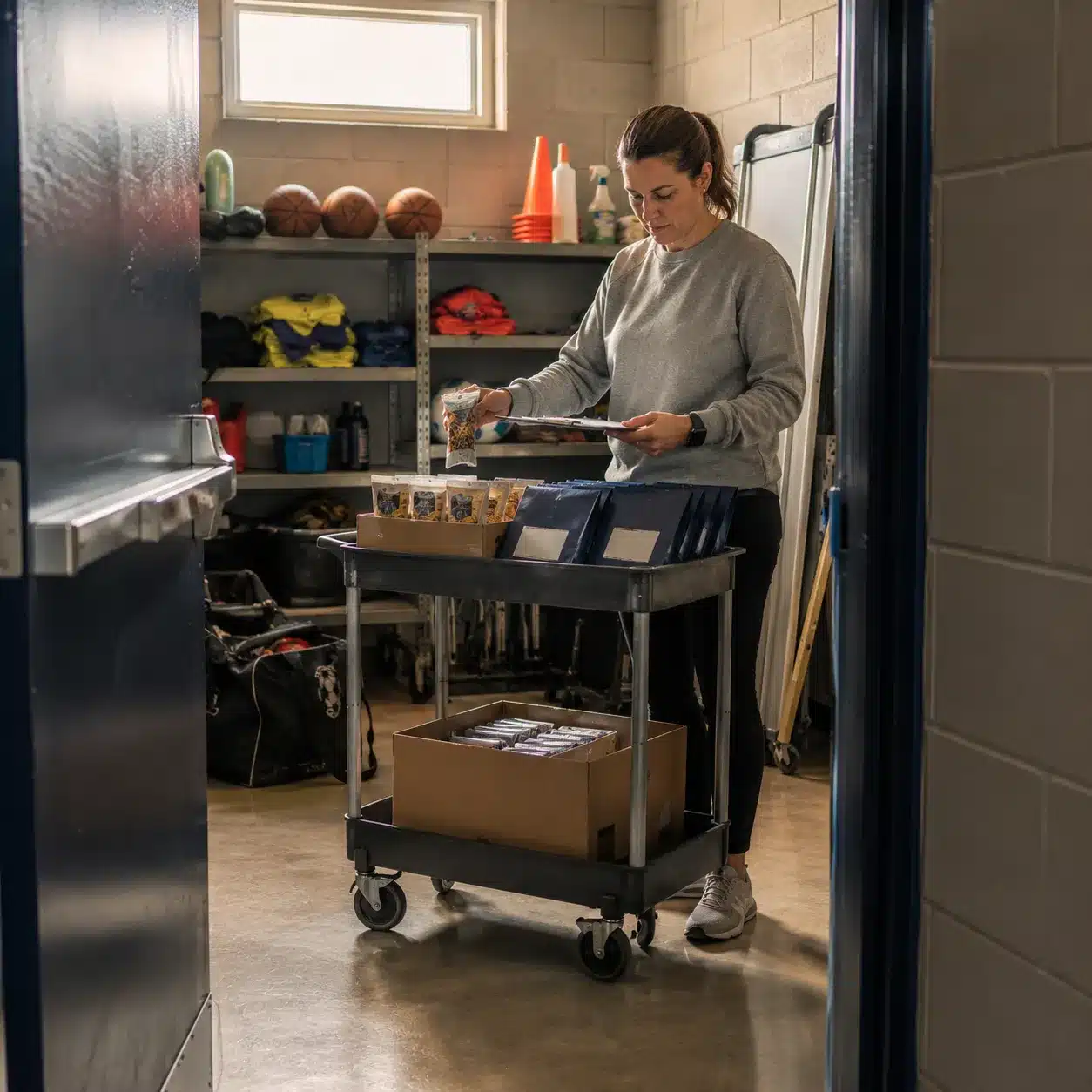 Volunteer managing a compact school fundraiser with organized products and simple campaign materials.