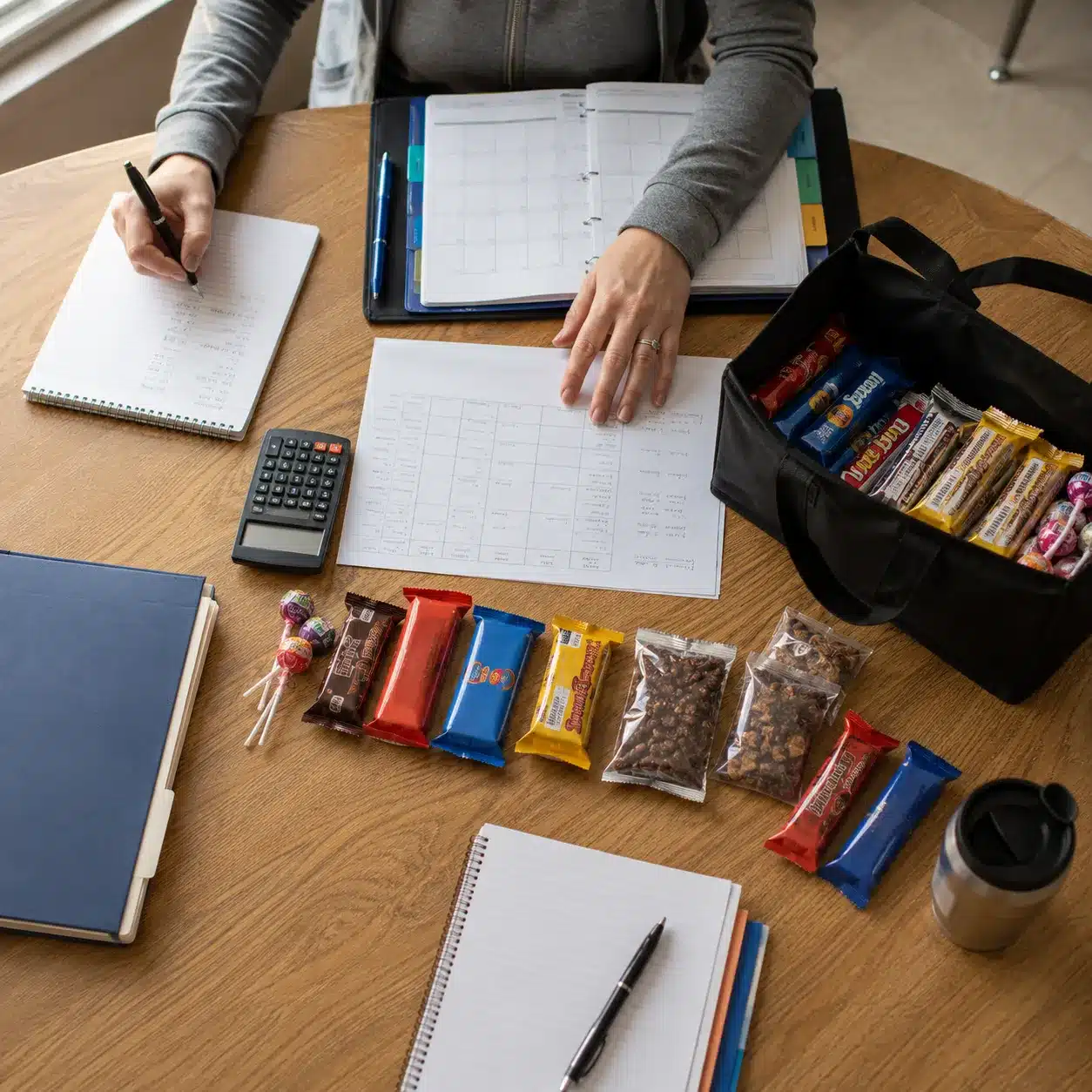 Fundraising organizer reviewing candy products, campaign planning, and seller requirements before launch.