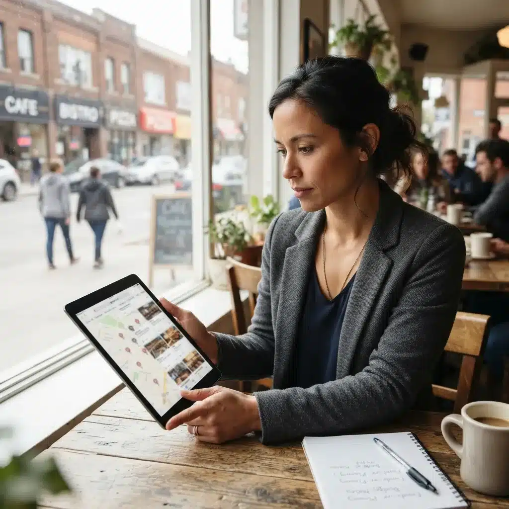 Fundraising organizer checking nearby participating restaurant choices before launching a gift card fundraiser.