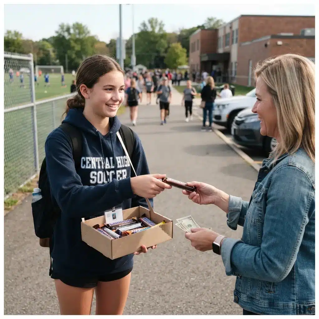 Supporter purchasing a candy bar directly from a youth fundraiser and receiving the product immediately.