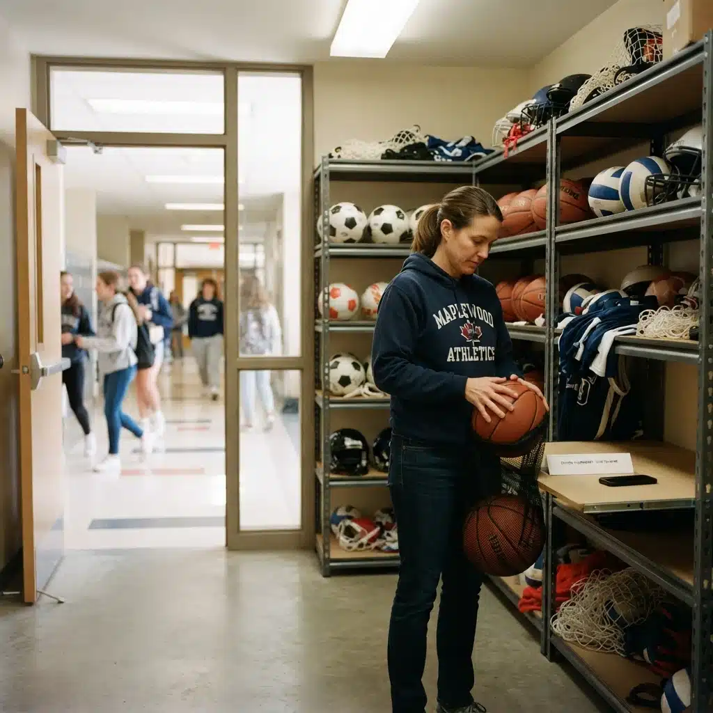 Community organizer using an uncluttered school storage space during a ship-to-home fundraiser.